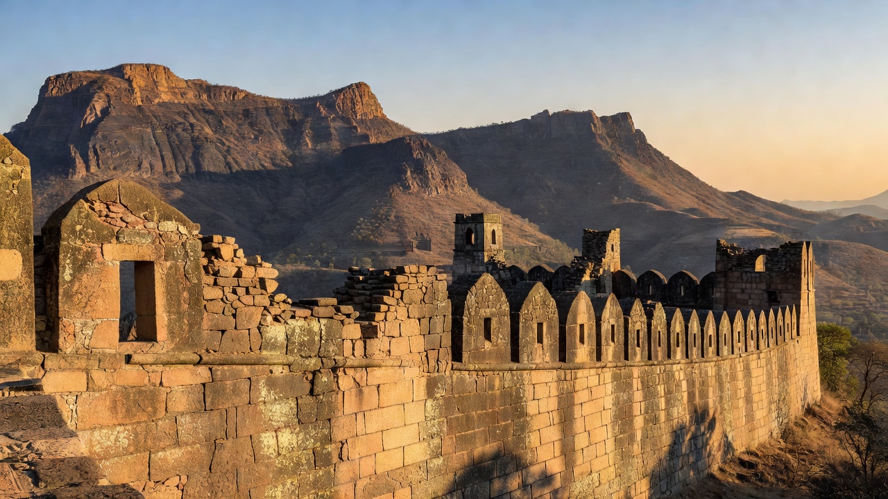 Bhangarh Fort stone fortress wall and mountain backdrop