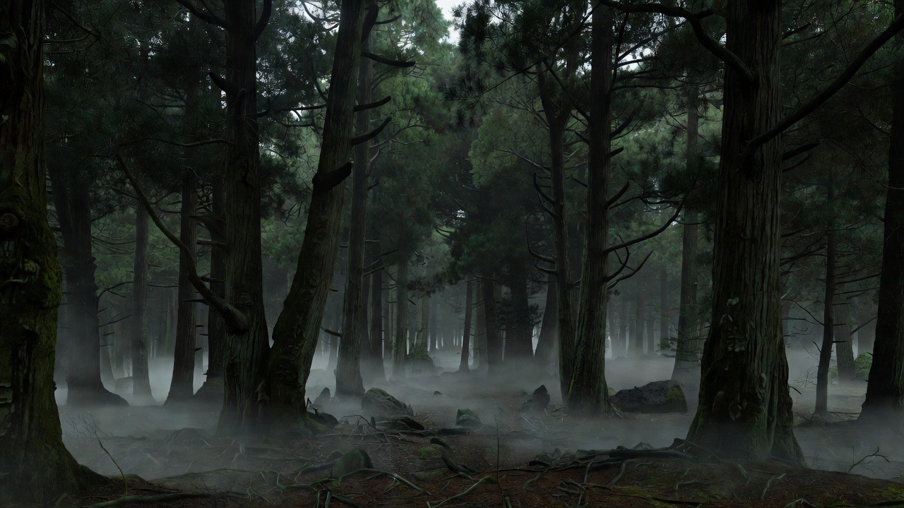 Dense misty evergreen forest of Aokigahara